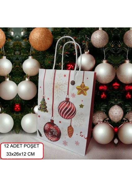 Saplı Kraft Yılbaşı Hediye Çantası Poşeti 33X26X12 cm 12 Adet Model 3