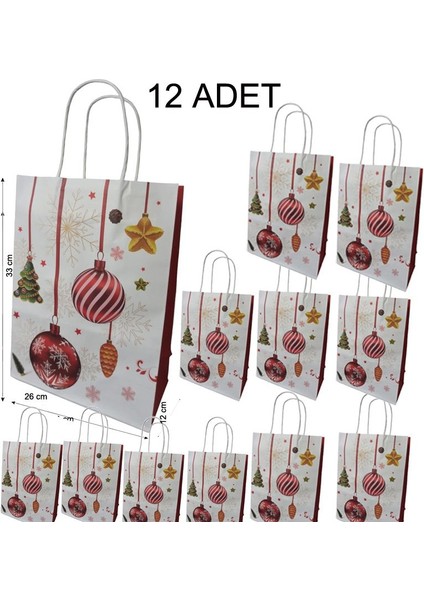 Saplı Kraft Yılbaşı Hediye Çantası Poşeti 33X26X12 cm 12 Adet Model 3