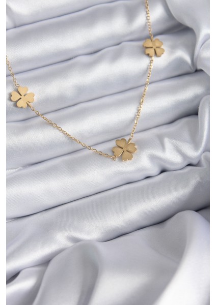 316L Çelik Zincir Gold Renk Yonca Model Kadın Kolye