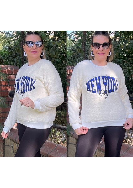 Welsoft Peluş Önü Mavi Newyork Nakışlı Yuvarlak Yaka Sweatshirt