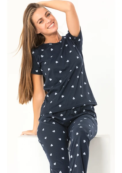 Sude Homewear Sudehomewear Kısa Kol Kalp Desenli Pijama Takımı