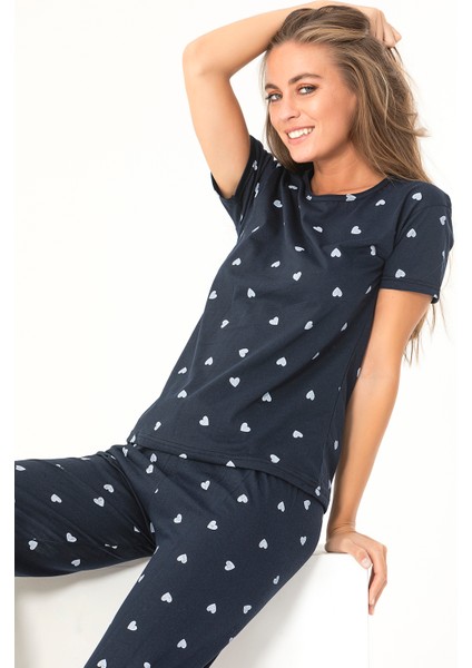 Sude Homewear Sudehomewear Kısa Kol Kalp Desenli Pijama Takımı