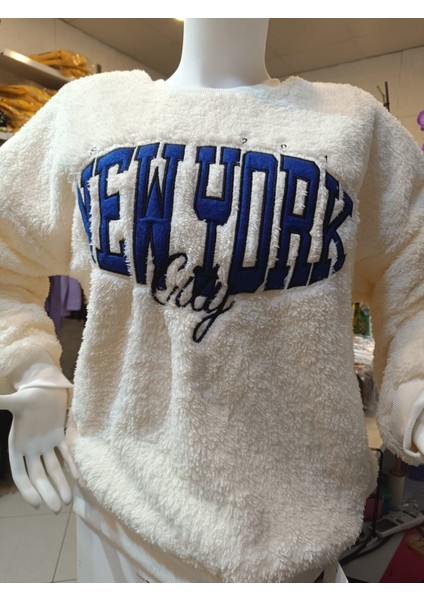Welsoft Peluş Önü Mavi Newyork Nakışlı Yuvarlak Yaka Sweatshirt
