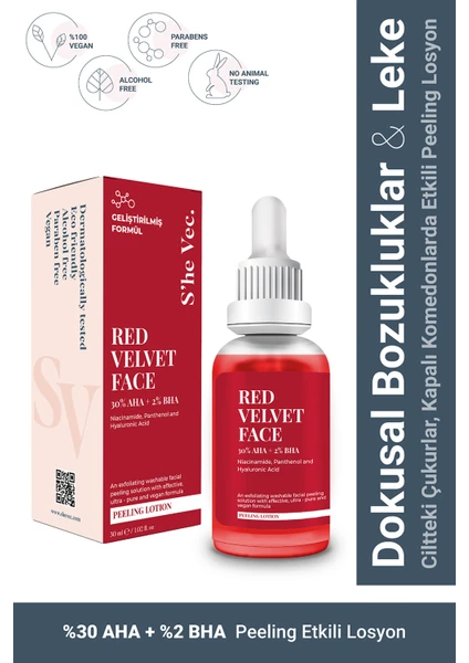 S'he Vec RED VELVET FACE - AHA %30 & BHA %2 Cilt Tonu Eşitleyici Arındırıcı Kırmızı Peeling Serum 30ml