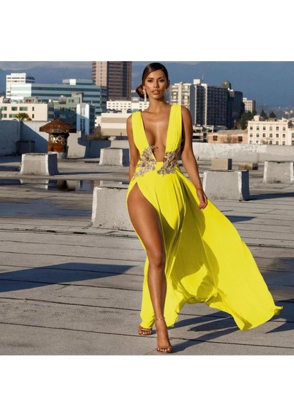 Sarı Mikro Kumaş Derin V Yaka Çift Yırtmaçlı Dantelli Elbise indirimleri
