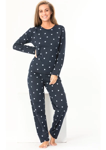 Sude Homewear Sudehomewear Uzun Kol Beyaz Kalp Desenli Pijama Takımı