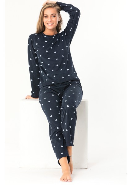 Sude Homewear Sudehomewear Uzun Kol Beyaz Kalp Desenli Pijama Takımı