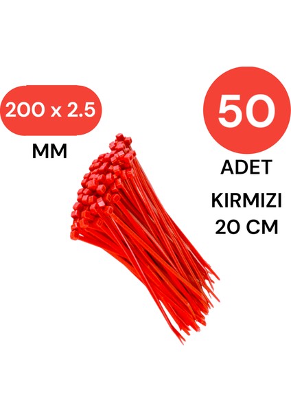 Plastik Kablo Bağı Klipsi Cırt Kelepçe 200 mm x 2.5 mm Kırmızı 50 Adet