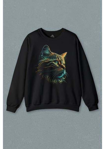 Bıyıklı Kedi Minimal Çizim 3D Efektli Realist Siyah Baskılı Sweatshirt