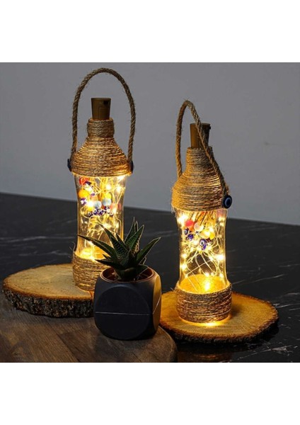 Amber Şişe Dekoratif Gece Lambası 18 Ledli Gün Işığı Içi Boncuklu Cam Şişe Masa Üstü Biblo