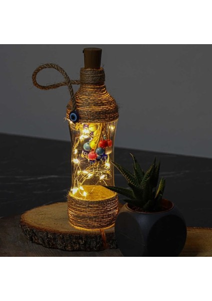 Amber Şişe Dekoratif Gece Lambası 18 Ledli Gün Işığı Içi Boncuklu Cam Şişe Masa Üstü Biblo