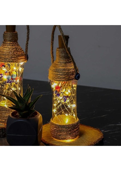 Amber Şişe Dekoratif Gece Lambası 18 Ledli Gün Işığı Içi Boncuklu Cam Şişe Masa Üstü Biblo