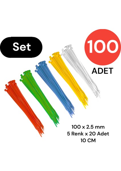 Plastik Kablo Bağı Klipsi Cırt Kelepçe Karışık Renk Set 100 mm 5 Renk x 20 Toplam 100 Adet