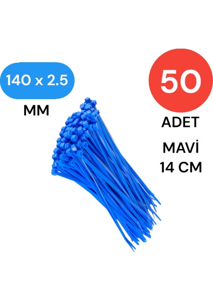 Plastik Kablo Bağı Klipsi Cırt Kelepçe 140 mm x 2.5 mm Mavi 50 Adet