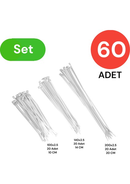 Plastik Kablo Bağı Klipsi Cırt Kelepçe Set 100-150-250 x 2.5 mm Beyaz (20 x 3) 60 Adet