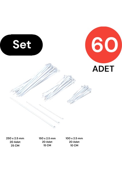 Plastik Kablo Bağı Klipsi Cırt Kelepçe Set 100-150-250 x 2.5 mm Beyaz (20 x 3) 60 Adet