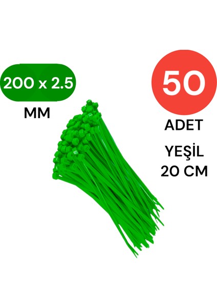 Plastik Kablo Bağı Klipsi Cırt Kelepçe 200 mm x 2.5 mm Yeşil 50 Adet