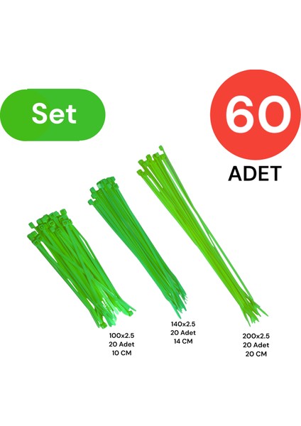 Plastik Kablo Bağı Klipsi Cırt Kelepçe Set 100-150-200 x 2.5 mm Yeşil (20 x 3) 60 Adet
