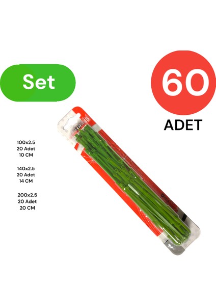Plastik Kablo Bağı Klipsi Cırt Kelepçe Set 100-150-200 x 2.5 mm Yeşil (20 x 3) 60 Adet