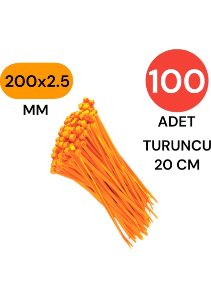 Plastik Kablo Bağı Klipsi Cırt Kelepçe 200 mm x 2.5 mm Turuncu 100 Adet