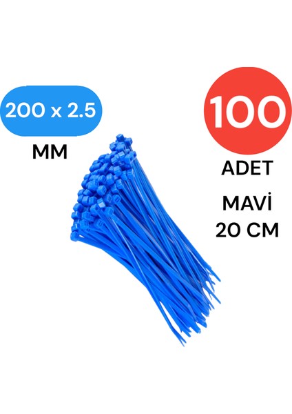 Plastik Kablo Bağı Klipsi Cırt Kelepçe 200 mm x 2.5mm Mavi 100 Adet