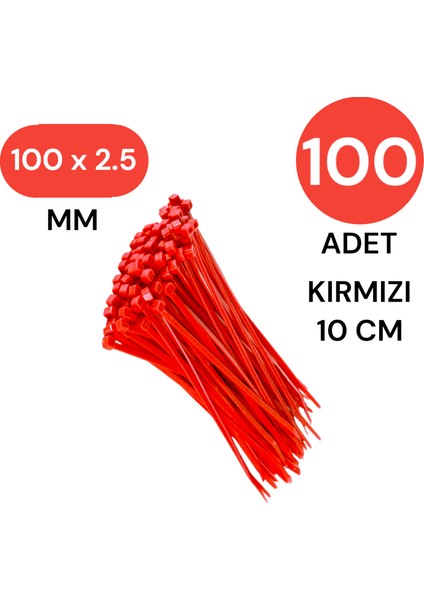 Plastik Kablo Bağı Klipsi Cırt Kelepçe 100 mm x 2.5 mm Kırmızı 100 Adet