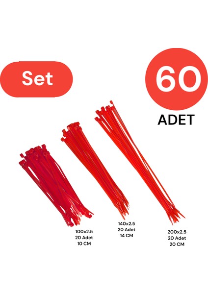 Plastik Kablo Bağı Klipsi Cırt Kelepçe Set 100-150-200 x 2.5 mm Kırmızı (20 x 3) 60 Adet