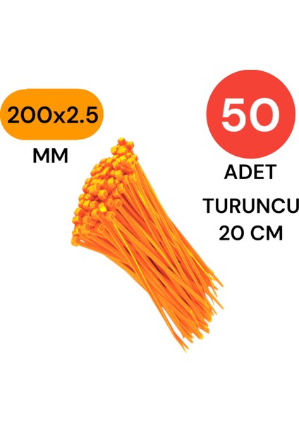 Plastik Kablo Bağı Klipsi Cırt Kelepçe 200 mm x 2.5 mm Turuncu 50 Adet