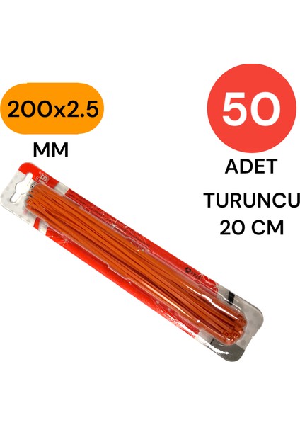 Plastik Kablo Bağı Klipsi Cırt Kelepçe 200 mm x 2.5 mm Turuncu 50 Adet