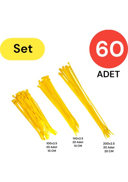 Plastik Kablo Bağı Klipsi Cırt Kelepçe Set 100-150-200 x 2.5 mm Sarı (20 x 3) 60 Adet