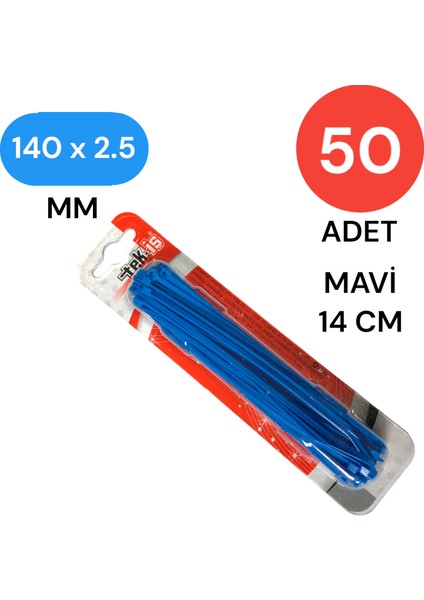 Plastik Kablo Bağı Klipsi Cırt Kelepçe 140 mm x 2.5 mm Mavi 50 Adet