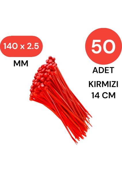 Plastik Kablo Bağı Klipsi Cırt Kelepçe 140 mm x 2.5 mm Kırmızı 50 Adet