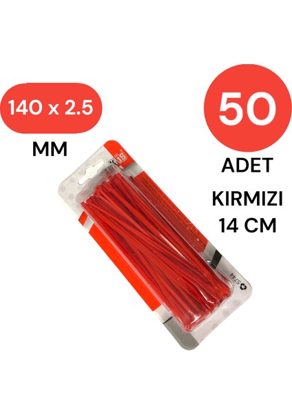 Plastik Kablo Bağı Klipsi Cırt Kelepçe 140 mm x 2.5 mm Kırmızı 50 Adet