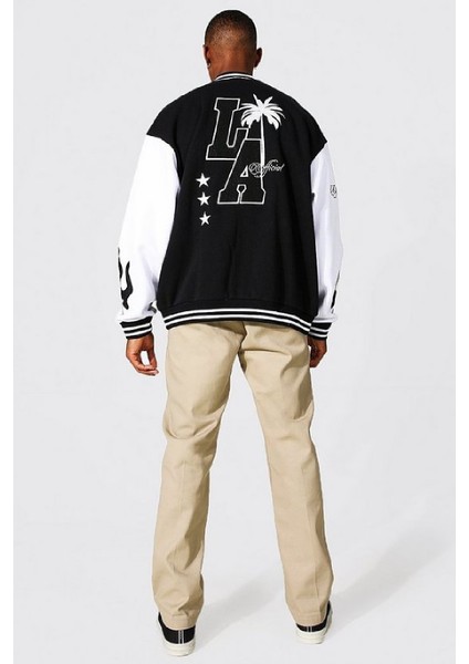 Unisex Oversize Siyah Los Angeles Nakiş Işlemeli Bomber Kolej Ceket fırsatları