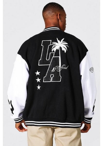 Unisex Oversize Siyah Los Angeles Nakiş Işlemeli Bomber Kolej Ceket indirimleri