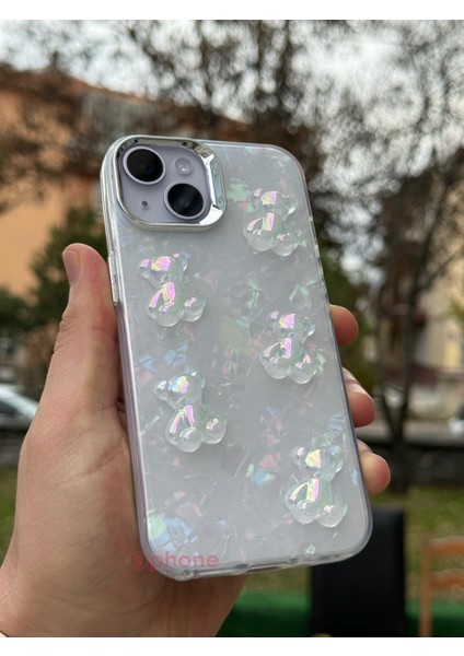 Apple iPhone 14 Kılıf Hologramlı Renkli Kalp Kurdele 3D Kabartmalı Ayıcık Kabartmalı Emoji Kristal Şeffaf