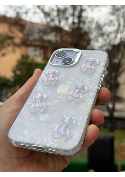 Apple iPhone 14 Kılıf Hologramlı Renkli Kalp Kurdele 3D Kabartmalı Ayıcık Kabartmalı Emoji Kristal Şeffaf