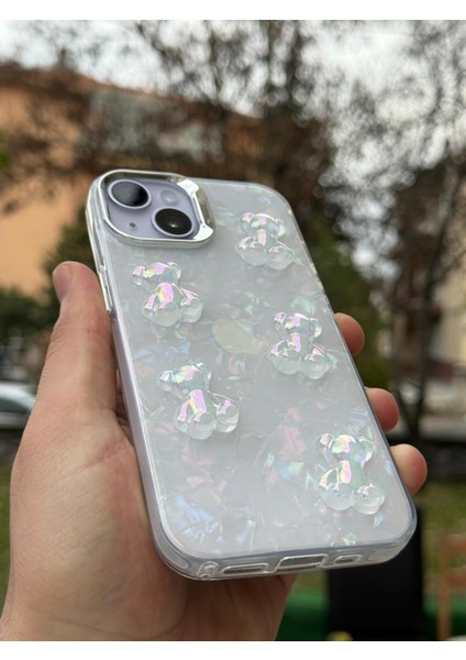 Apple iPhone 14 Kılıf Hologramlı Renkli Kalp Kurdele 3D Kabartmalı Ayıcık Kabartmalı Emoji Kristal Şeffaf