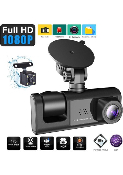 Araba Dvr'ı 3 Kanallı Dash Kamera 1 080PÖN ve Arka Içinde Dashcam Video Kaydedici Gece Görüş Uyumlu Cc-33