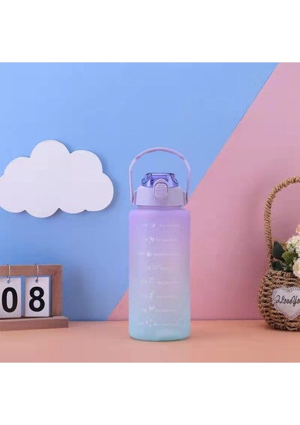 Yeni Büyük Kapasiteli Su Şişesi Saman Degrade Buzlu Açık Plastik Bardak Spor Fitness Terazisi Su Bardağı Degrade Mor Mavi 2000ML (Yurt Dışından)