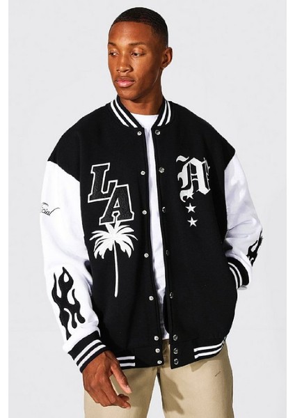 Unisex Oversize Siyah Los Angeles Nakiş Işlemeli Bomber Kolej Ceket modelleri