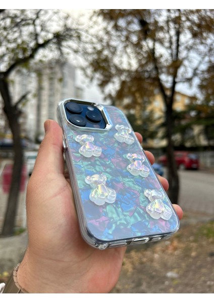 Apple iPhone 15 Pro Max Uyumlu Kılıf Renkli Kalp Kurdele 3D Kabartma Ayıcık Emoji Kristal Şeffaf Clear