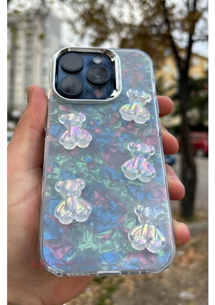 Apple iPhone 15 Pro Max Uyumlu Kılıf Renkli Kalp Kurdele 3D Kabartma Ayıcık Emoji Kristal Şeffaf Clear