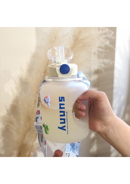 Süper Büyük Kapasiteli Spor Su Bardağı Yoga Şişesi Şişesi Ton Ton Varil Yüksek Değerli Uzay Bardağı Buzlu Mavi + 3D Bardak Etiketi + Bardak Kemeri 1000ML (Yurt Dışından)