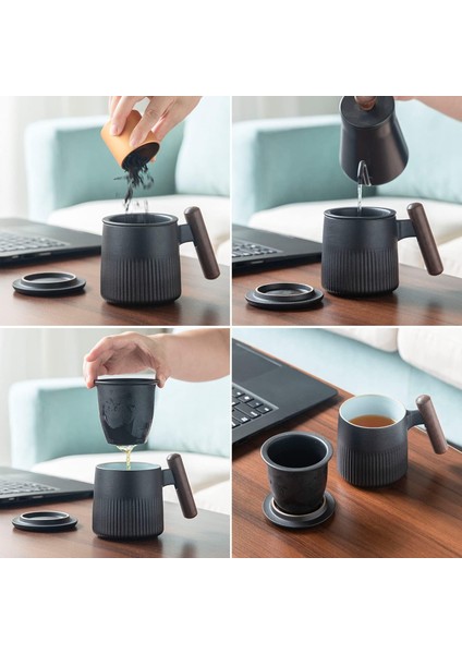Taoci Çay Kupa Seramik Çay Bardağı Saplı Ahşap Demlik ve Kapaklı 12.5 Ons Porselen Bardak Demleme Gevşek Yaprak Çay (Siyah) (Yurt Dışından) modelleri