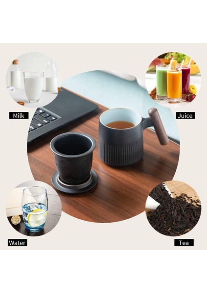 Taoci Çay Kupa Seramik Çay Bardağı Saplı Ahşap Demlik ve Kapaklı 12.5 Ons Porselen Bardak Demleme Gevşek Yaprak Çay (Siyah) (Yurt Dışından) fırsatları