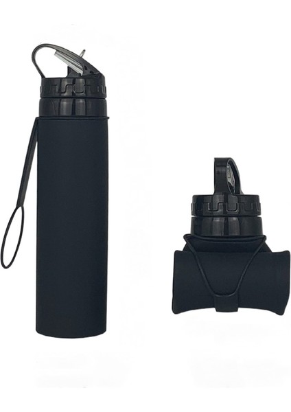 Açık Spor Silikon Su Şişesi Dağcılık Sürme Taşınabilir Su Şişesi Silikon Katlanır Su Bardağı Siyah 600 ml (Yurt Dışından)