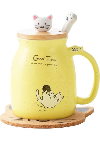 Kedi Kupa Güzel Kitty Kapaklı Sevimli Seramik Kahve Fincanı, Kedi Paw Kaşık, Kawaii Coaster, Yenilik Sabah Fincan Çay Süt Noel Kupa, Sarı (Yurt Dışından)