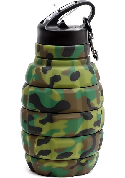 Yeni Katlanabilir El Bombası Su Şişesi Gıda Sınıfı Silikon Sürme Yürüyüş Su Şişesi Çantanıza Içme Seti ile Ordu Yeşil Kamuflaj 580 ml (Yurt Dışından)