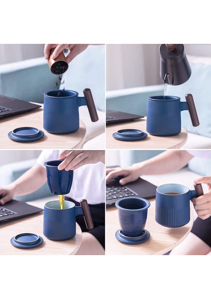 Taoci Çay Kupa Seramik Çay Bardağı Saplı Ahşap Demlik ve Kapaklı 12.5 Ons Porselen Bardak Demleme Gevşek Yaprak Çay (Mavi) (Yurt Dışından) modelleri